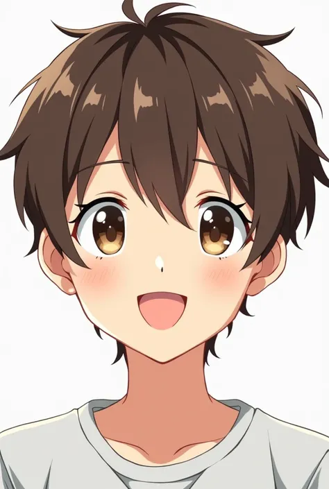 Generate a 14-year-old male teenager in anime mode smiling. With straight brown hair with thinner eyes