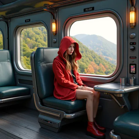 Time-Traveling Train, Little Red Riding Hood sits on a high-speed futuristic train, indoors