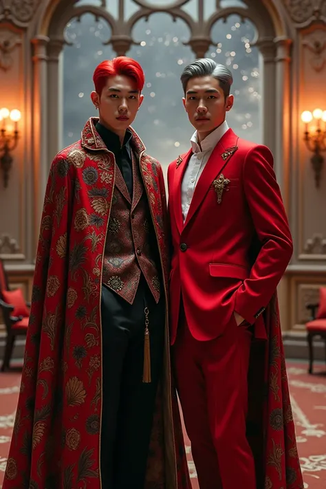 Two handsome Korean men, both 22 years old, stand together in a luxurious indoor setting. The location is a grand circular room featuring large Gothic-style windows that reveal a star-filled night sky outside. The room is illuminated by vintage lamps emitt...