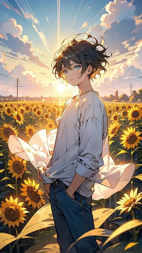 “A young man in his early twenties, standing in the middle of a sunflower field. He has a thoughtful expression, his eyes filled with a mix of sadness and nostalgia. His dark hair is slightly tousled by the wind, and he wears a simple white shirt with the ...