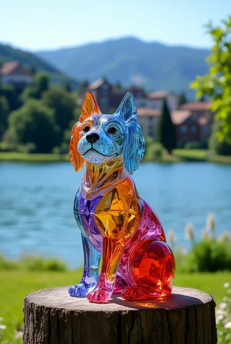 A cinematic 4K HD, 4D, high-definition image of a dog made of Venetian cut glass in gemstone colors. The dog is placed on a wooden plank. The background is a serene landscape with a body of water, lush greenery, and a few buildings. The image has a bright ...