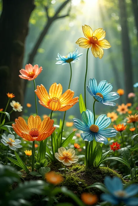 Flower garden made of glass in the middle of the forest 