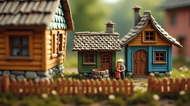 Side-view of a charming Russian village, designed like a platformer game. Traditional wooden houses painted in blue and green, with intricate carved shutters and shingles on the roofs. A dirt path with grass and small flowers, fences, and a wooden well in ...