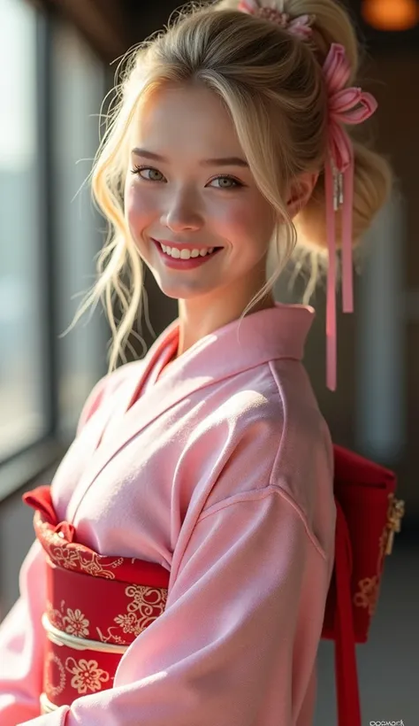 Femme âgée 17 ans ( cheveux long et blonde ), (coupe en chignon), (visage parfait), beauté, attrayant, joyeuse, souriante, (Elle est habillé avec une robe japonaise rose texturé et beaucoup de motif dessus), Elle fais une pose mignonne et kawaii, rougie, c...