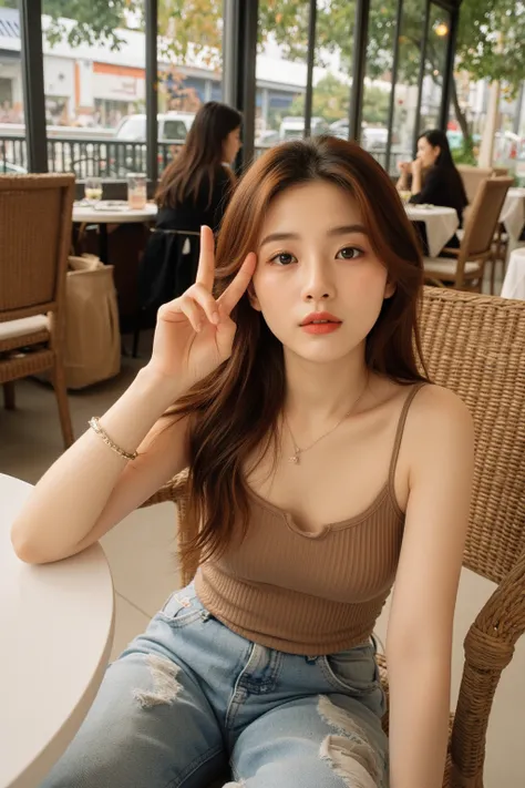 A 28-year-old lady wearing a stylish casual outfit from a high-end brand in autumn, sitting in a luxurious outdoor restaurant with a female friend on an autumn day. A first-person perspective peace sign and a cute selfie. (Fair skin, no makeup) (Long strai...