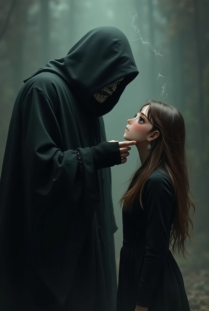 a person dressed in black with a mask absorbing the soul of a girl with brown hair