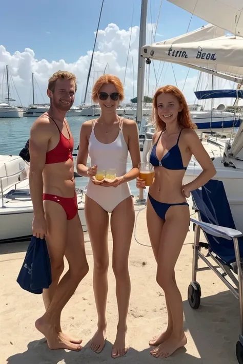 Skinny French young family with 3 young enfant, blonde-redhead dressed in a new light small swimsuit, happy to serve a large ginger beer to her dad at the port of Île-Tudy after a swim in a very hot summer afternoon, on the family sailboat