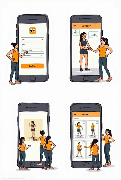 Create a Storyboard of four scenes that illustrates how a beginning athlete uses the FitProtec app.  The first scene shows the user registering in the app ; The second,  selecting a preventive routine ; the third, reviewing your progress ; and the fourth, ...