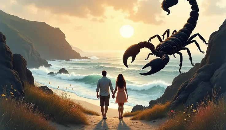 Romantic Walk Under Scorpios Vigilance

Perspective: Medium shot of a couple walking hand-in-hand along a rocky coastal path at dusk, with a giant scorpion climbing a nearby rock, watching over them.

Subject: The scorpion, symbolizing Scorpio, is an impre...