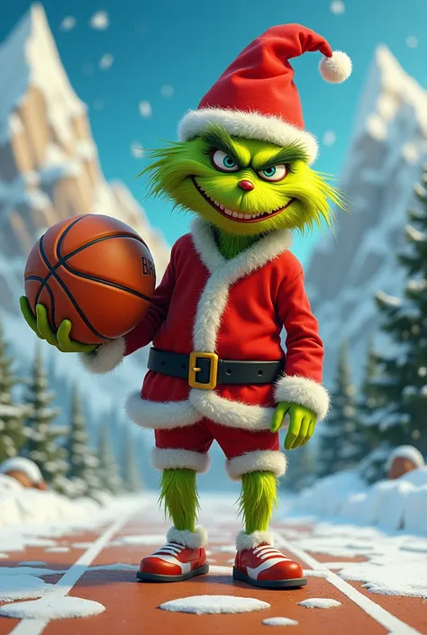 Create a Santa Claus basketball player in the form of a Grinch cartoon character