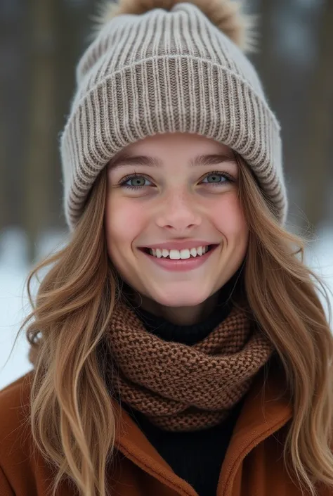 same model wearing winter clothes, big and beautiful smile, big and very expressive green eyes, posing for a session photo.
