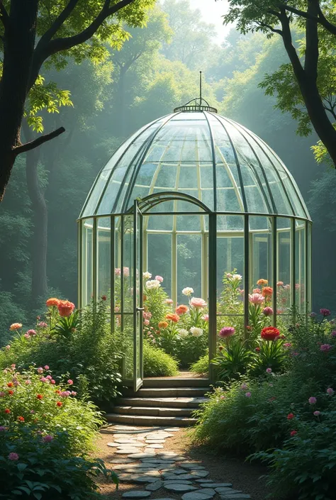 Flower nursery ,  made of glass in the middle of the forest 