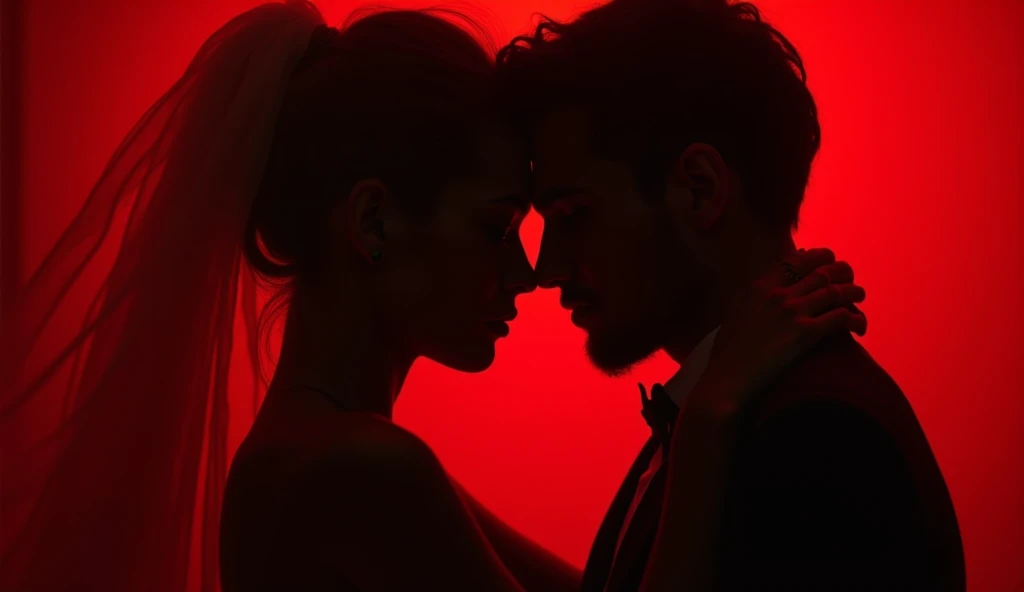 The image depicts a persons face engulfed in darkness red. Couple sillouette in intimacy moment, sunsual, misterious, extreme, sensorial, dark and red lights, lust, red room, realistic