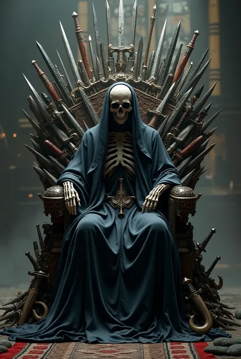 Create the Holy Death sitting on a throne made of weapons and looking straight ahead. ( super realistic )