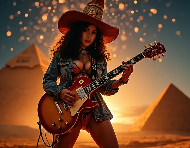 Rain of stardust , Best quality, masterpiece, ultra high res, (photorealistic:1.5), raw photo, guitarist indonesian woman white skin medium big body like slash guns n roses play the shinny orange guitar under pyramid , in shinning morning twilight , Rain s...