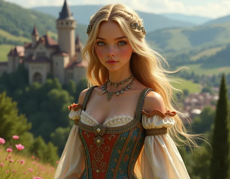  blond girl  ,  in a very tight medieval style dress