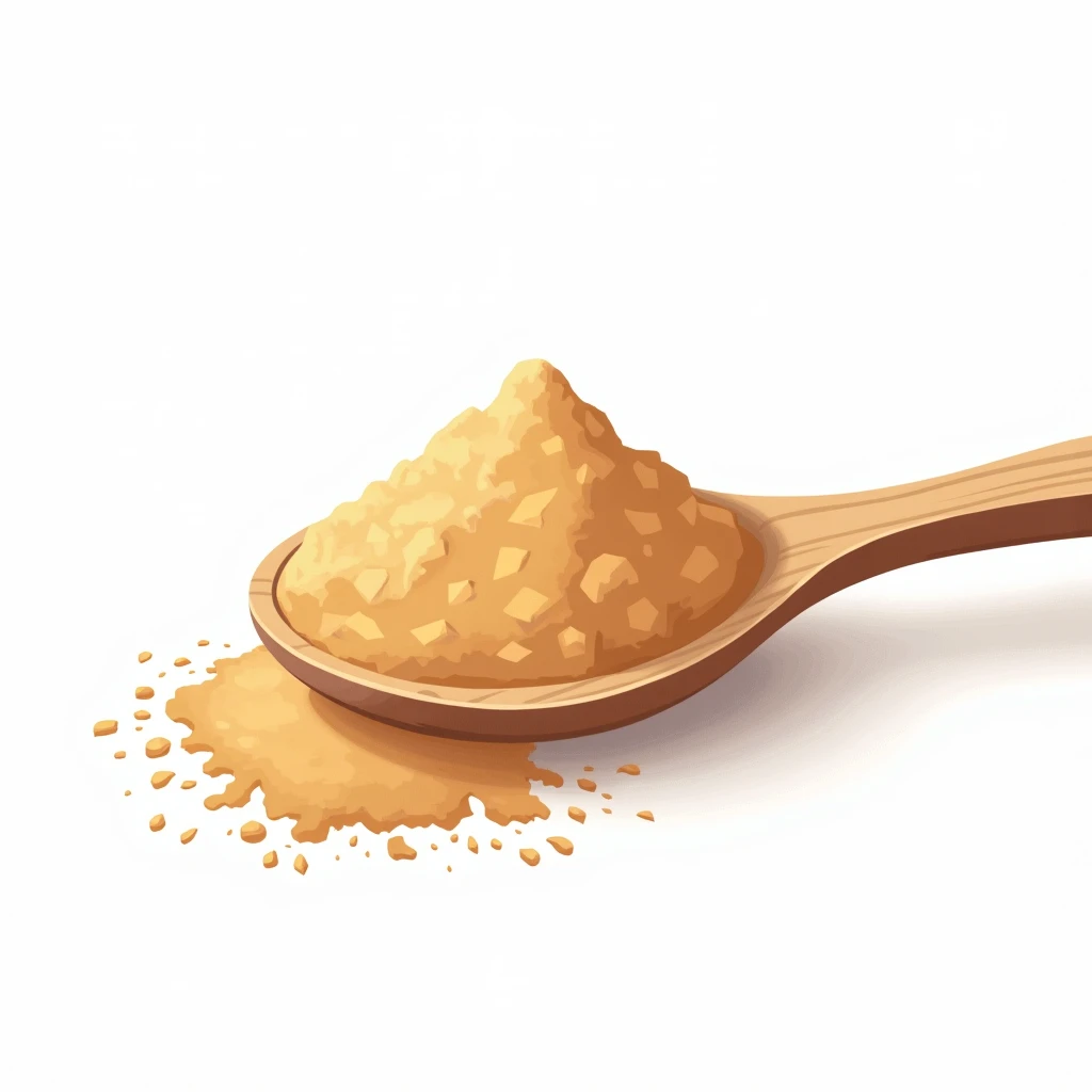 "Create a single flat vector illustration of a small wooden spoon filled with brown sugar crystals, isolated on a white background. The sugar should have a textured yet minimalistic look, with warm golden-brown tones and subtle shading to highlight the gra...