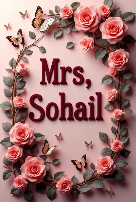 "Elegant wall art featuring Mrs. Sohail in bold maroon velvet letters, surrounded by cascading pink roses and delicate butterflies. Perfect for celebrating love and elegance!