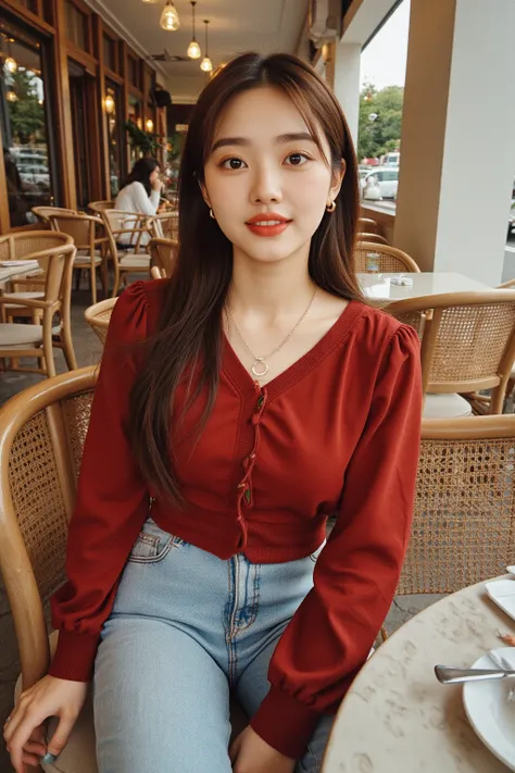 A 28-year-old lady wearing high-end brand casual clothing for autumn, sitting in a luxurious outdoor restaurant with a female friend on an autumn day. A cute smile and selfie from the first-person perspective. (Fair skin without makeup) (Long straight brow...