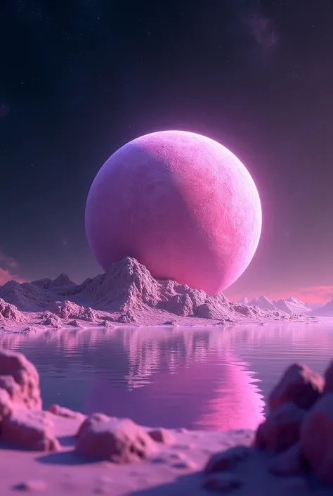  A planet with pink earth and purple water seen from the atomosphere, that you can see only the planet in the universe and the stars 