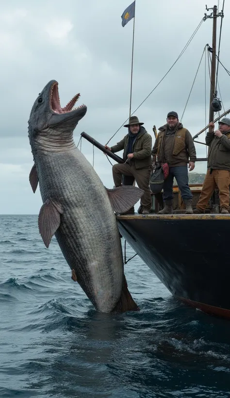 Ultra-realistic image of fishermen on their big boat with their capture of a prehistoric creature