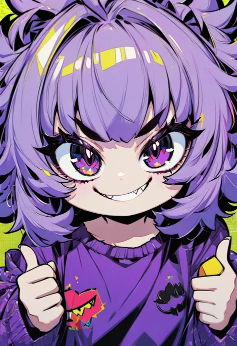 chibi, girl, naughty, cute, long thick eyelashes, thick, short, round eyebrows, messy hair, smug face, evil smile, thumbs up, casual fashion, background one of a kind pop art, BREAK masterpiece, best quality, very aesthetic, absurdres, newest and recent, v...