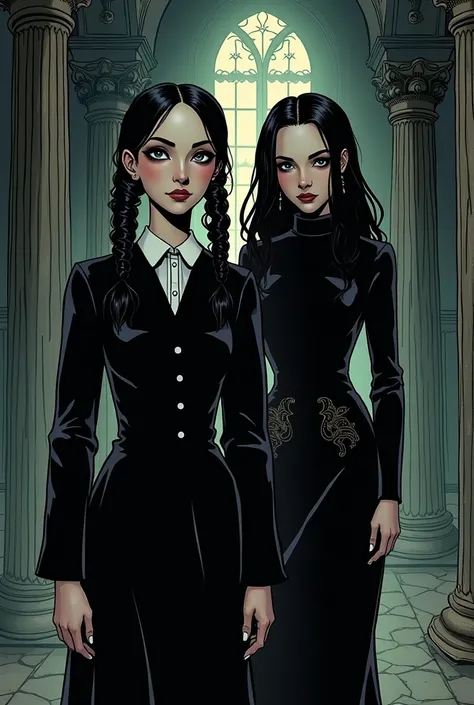 Create a comic image of Wednesday Addams And Rue Benette 