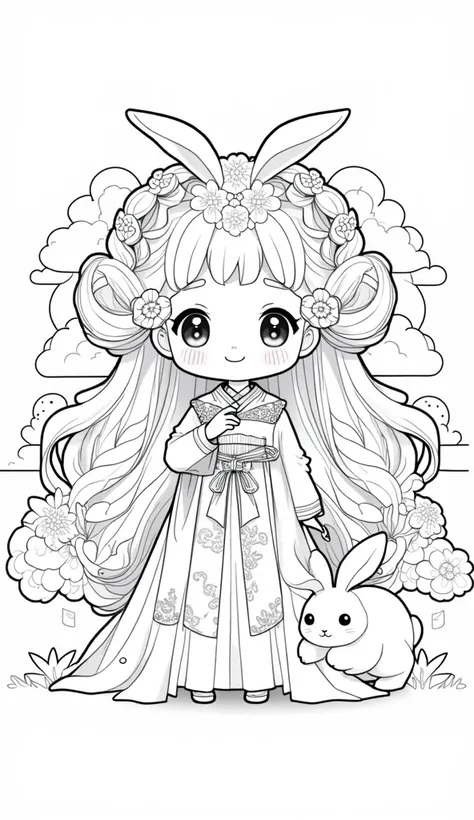 A black-and-white coloring page illustration featuring a cute young girl in traditional East Asian-inspired ceremonial clothing, with long flowing hair styled with braids and adorned with intricate floral ornaments. She has rabbit ears incorporated into he...