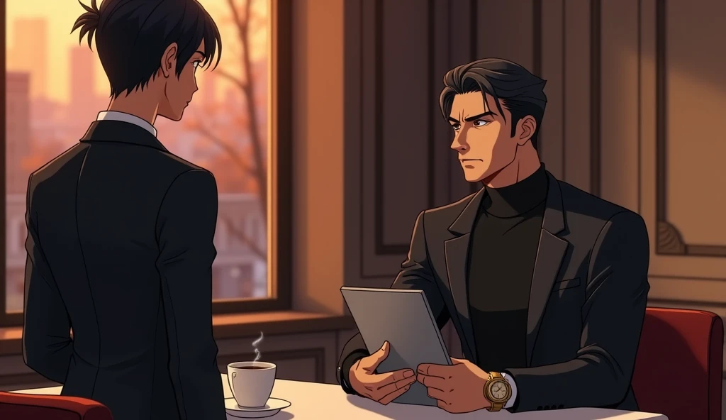 Drawing Style Anime, manhwa, manga. man, 30 years,  expensive formal suit ,  jacket is unbuttoned , turtleneck (color black, Without a tie), brunette,  face clean-shaven , straight nose,  masculine chin,  amber or honey eyes , thin lips,  broad shoulders ,...