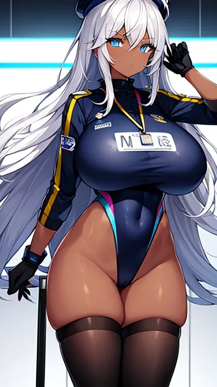 1girl, dark skin, dark-skinned female, police uniform, police, white hair, long hair, blue eyes, police hat, huge breasts, wide hips, thick thighs, policewoman, futuristic, neon trim, science-fiction, machinery, tech, blue trim, glowing eyes, toned female,...