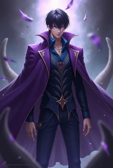 a god man, short black hair,purple eyes,purple coat with blue shirt inside with part of armor,