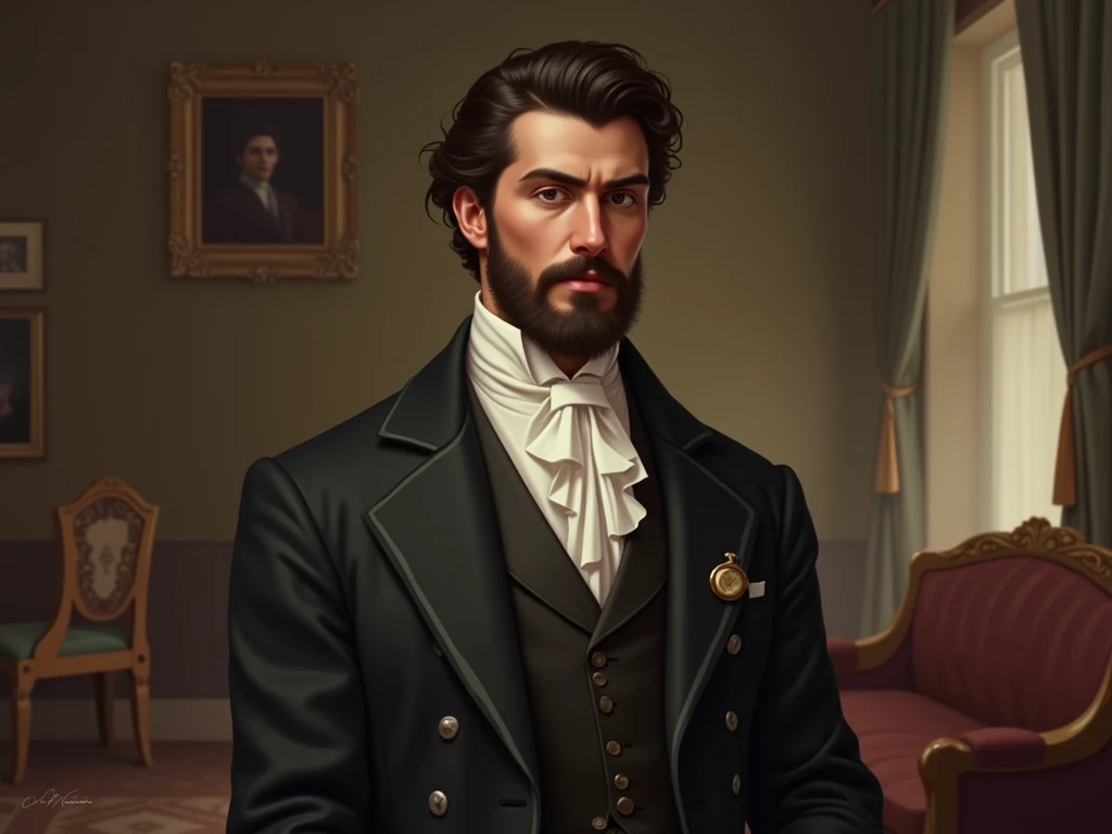 "Create a portrait of Gustavo, a character inspired by Lucila Gamero de Medinas novel *Blanca Olmedo*. Depict him as a handsome man of the late 19th century, with a refined and noble demeanor. He has neatly combed dark hair, a well-groomed beard (optional)...