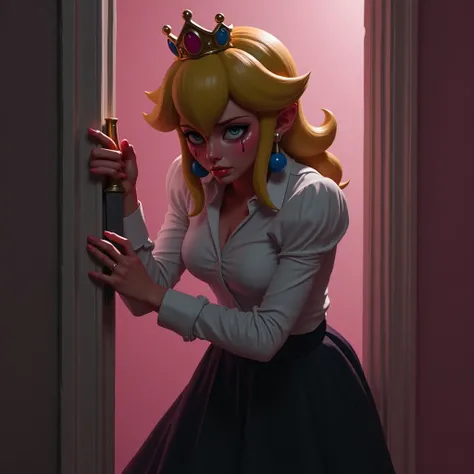 Realistic Princess Peach, wearing a uniform white shirt and black skirt, sad crying expressions, and holding a knife with both hands and about to stab herself in the chest. The background is a light pink room at night with dim light. Realistic image. Reali...