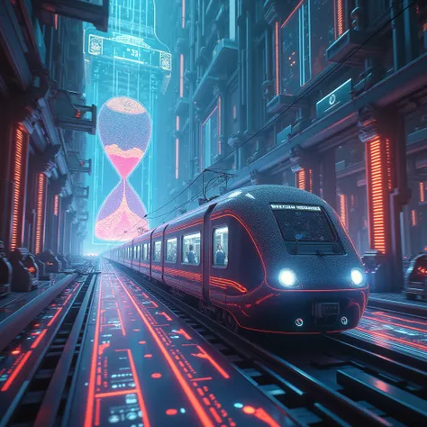 Time-Traveling Train, Giant hourglass, clock. experiencing an augmented reality overload, with layers of digital information and holographic displays overlapping. feature vibrant graphics to convery the overwhelming flow of data in a cyber-enhanced world