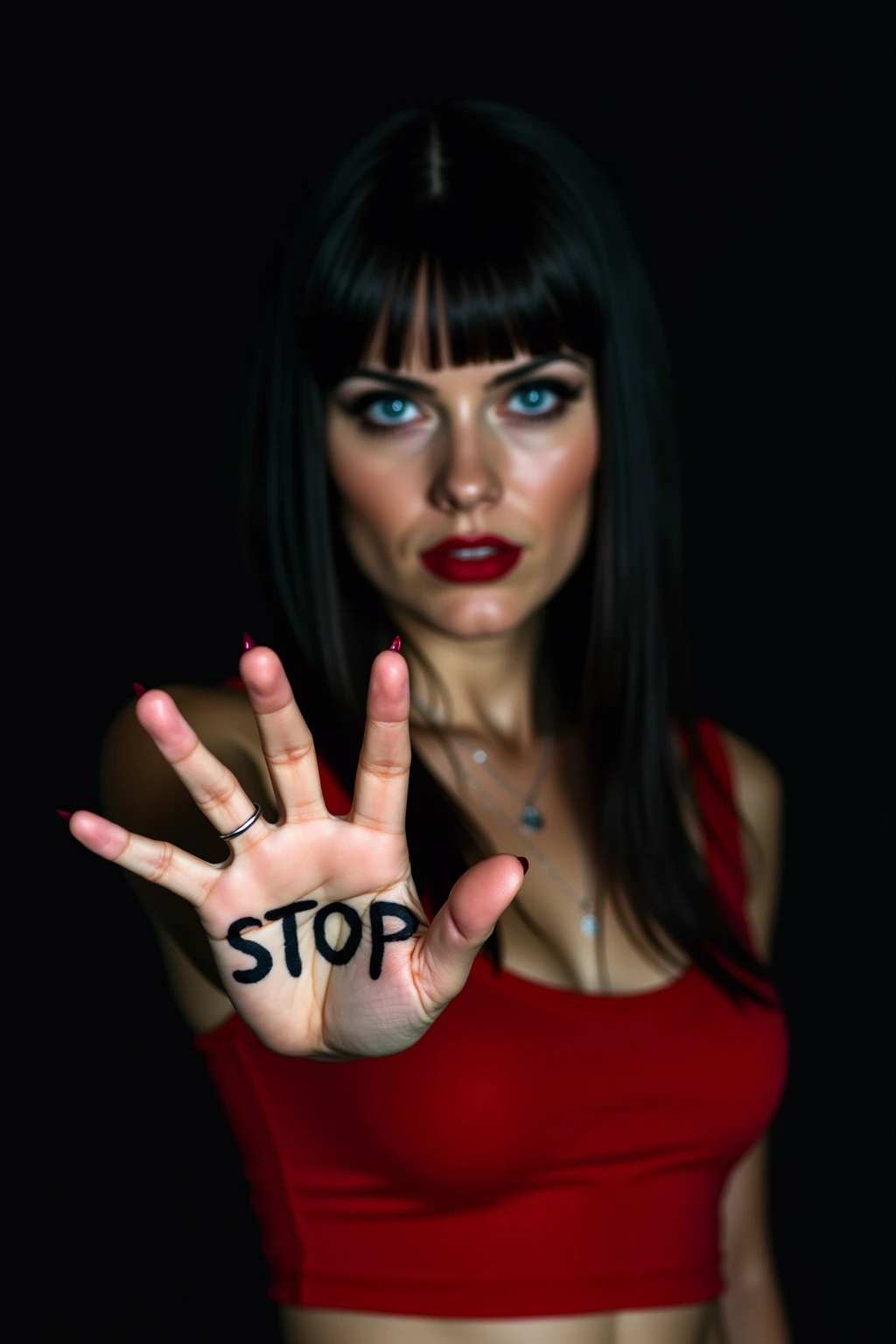  Sexy girl with grunge style black hair and bangs ,  blue eyes, wearing a red crop top.  showing the palm of your hand with the word STOP written on the palm of your hand, Full black background