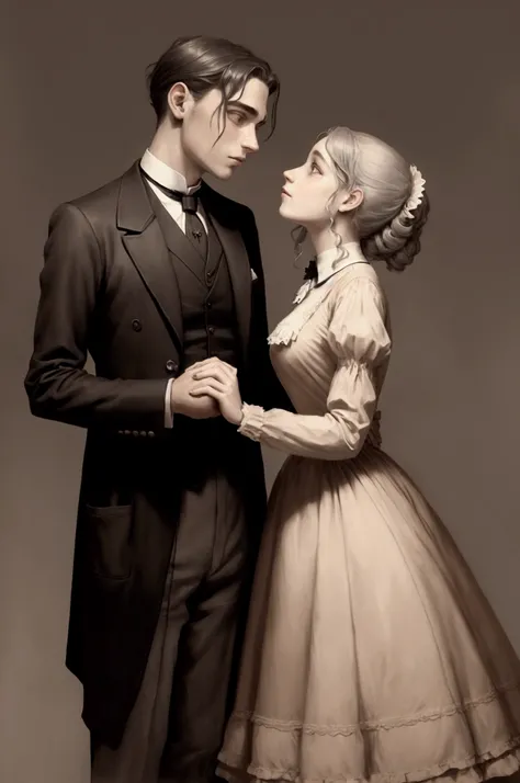 2d drawing,  man in a suit from 1900 in England ,  holding hands with a girl in a dress from the same era , The man tried to kiss her ,  but she is still very mesmerized by the young mans eyes 