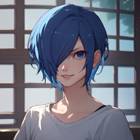 source_anime, solo, 1girl, kirishima touka, seductive smile, looking at viewer, blue hair, hair over one eye, blue eyes