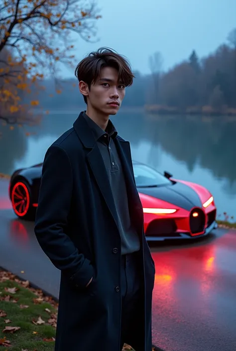 a boy with straight hair brown eyes height 6feet in coat pant standing beside lake with buggati back colour on road with neon light 