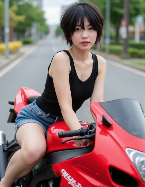 realistic 4k portrait with fullbody view.
a japanese girl with cute fascinate and beautiful tomboy look.
messy short black hairs.
small round sharp eyes.
little high nose.
thin pink lips.
sharp jaws line. 
v-shape chin
a-cup breasts with atheletic body & v...