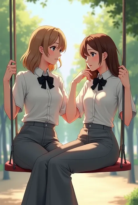 woman 20 years old with light brown hair in a white shirt, black bow tie, gray trousers sits on a swing balancer on one side on the other woman 20 years old with brown hair in a white shirt, black bow tie, gray trousers, sunny day