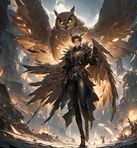  Facing Camera ，Standing on the ground， Perfect Full Body Character Watch，Birdie character，[[Adult male，short hair，Exquisite beautiful yellow eyes ，Smile， Hair with Owl Gray Ears， giant owl with brown and white wings , Forehead Covered with V Feathers ， Ha...