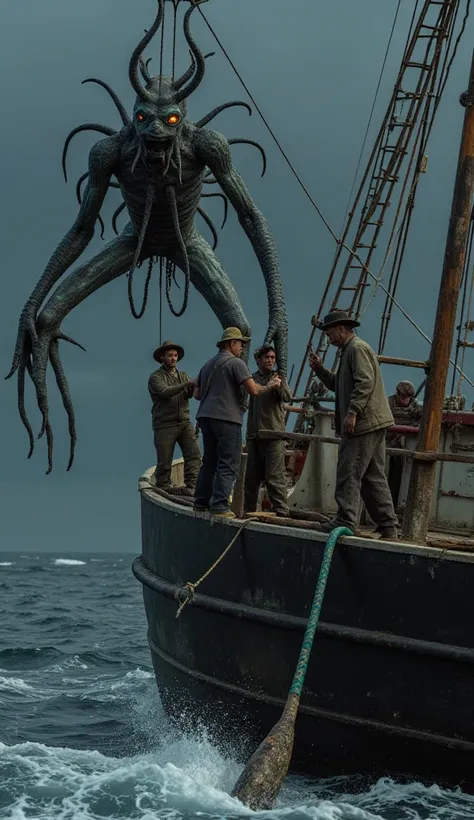 Ultra-realistic image of fishermen on their big boat with their capture of a dark sea devil