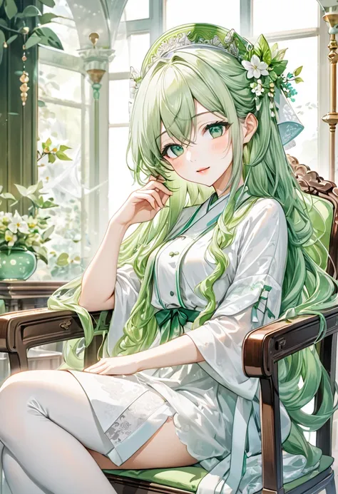 (beautiful and delicate), (watercolor and pastel color style), (Sit in a chair and calling with good posture), (Alone:2, ) , (delicate straight) (pastel green color hair long  wavy hair) (best cute girl),(immensely beautiful shrine maiden girl) (detailed s...