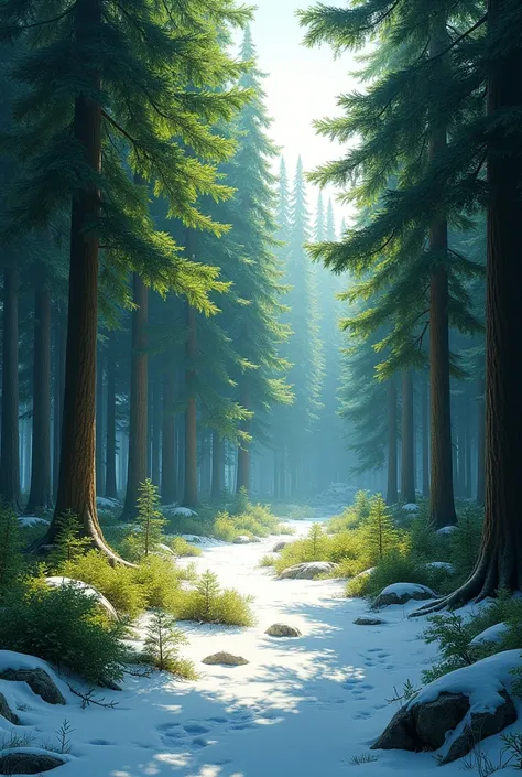 The forest is green in summer in winter snow-white
