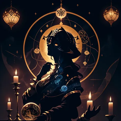 a female astrologist divining in an occult divination chamber, horoscope floating in the room, Layla (Genshin Impact), dark blue hair, golden eyes, (silhouette art), cinematic lighting, highly detailed, 8K, photorealistic, dramatic lighting, moody atmosphe...