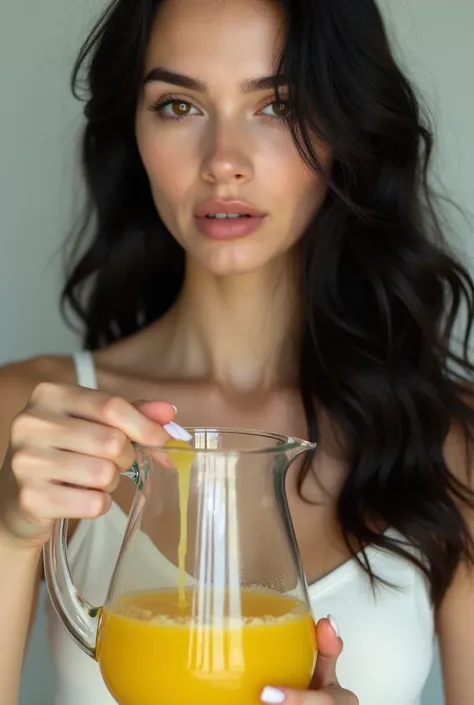 Close-up black haired white woman pouring lemon juice from a jug