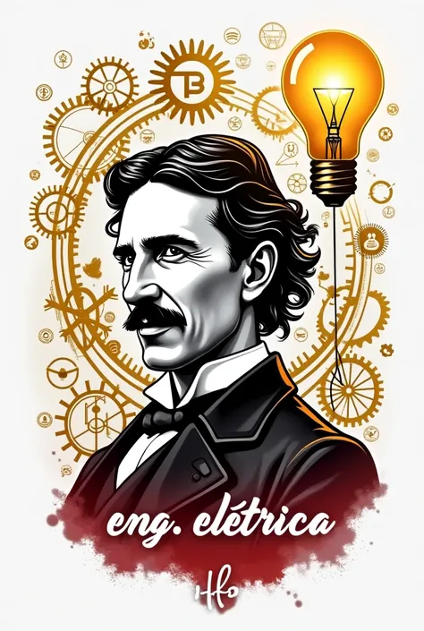 An artistic graphic design featuring Nikola Tesla instead of Albert Einstein. The illustration includes Teslas portrait stylized with white lines and intricate details. Surrounding Tesla are interconnected golden gears with icons representing engineering a...