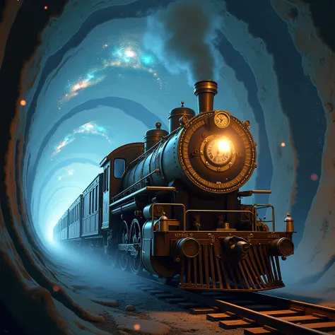 Time-Traveling Train, hourglass, clock. It shows a time and space train passing through a tunnel filled with stars. The walls of the tunnel are filled with flowing galaxies and the texture of time. The trains headlights illuminate the unknown journey ahead