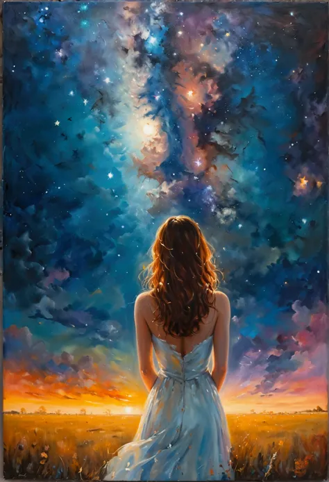 (masterpiece), ( high quality), oil painting, Surrealism, evening, thoughts about you ,  want to give you all the stars from the sky