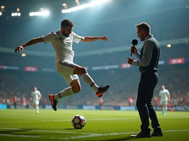  A soccer player finishing the goal with a shot at the angle wearing a white jersey with no symbol or mark. Behind a reporter narrating the game 
